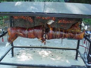 Zwei gut gebräunte Schweine ohne Kopf auf einem Schweinegrill