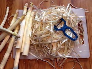 Geschälter weißer Spargel mit Schälresten und Sparschäler
