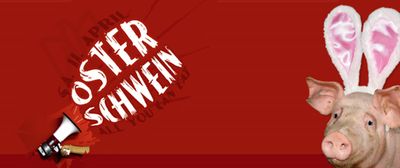 Eintrittskarte auf der ein Schwein mit Hasenohren abgebildet ist