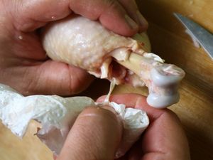 Der Knochen wird mit Küchenpapier freigelegt