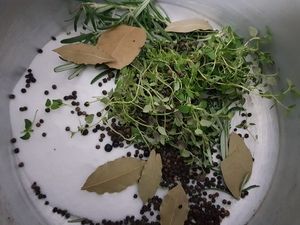 Salz, Pfefferkörner, Lorbeer und Kräuter zum Pökeln